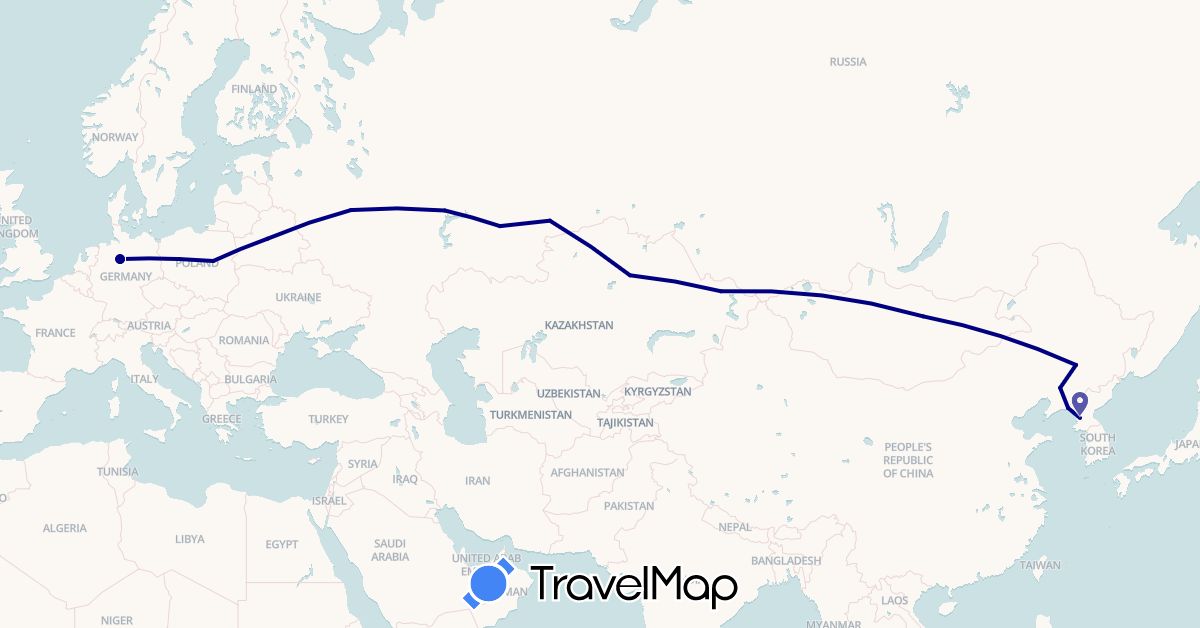 TravelMap itinerary: driving in Belarus, China, Germany, North Korea, Kazakhstan, Mongolia, Poland, Russia (Asia, Europe)